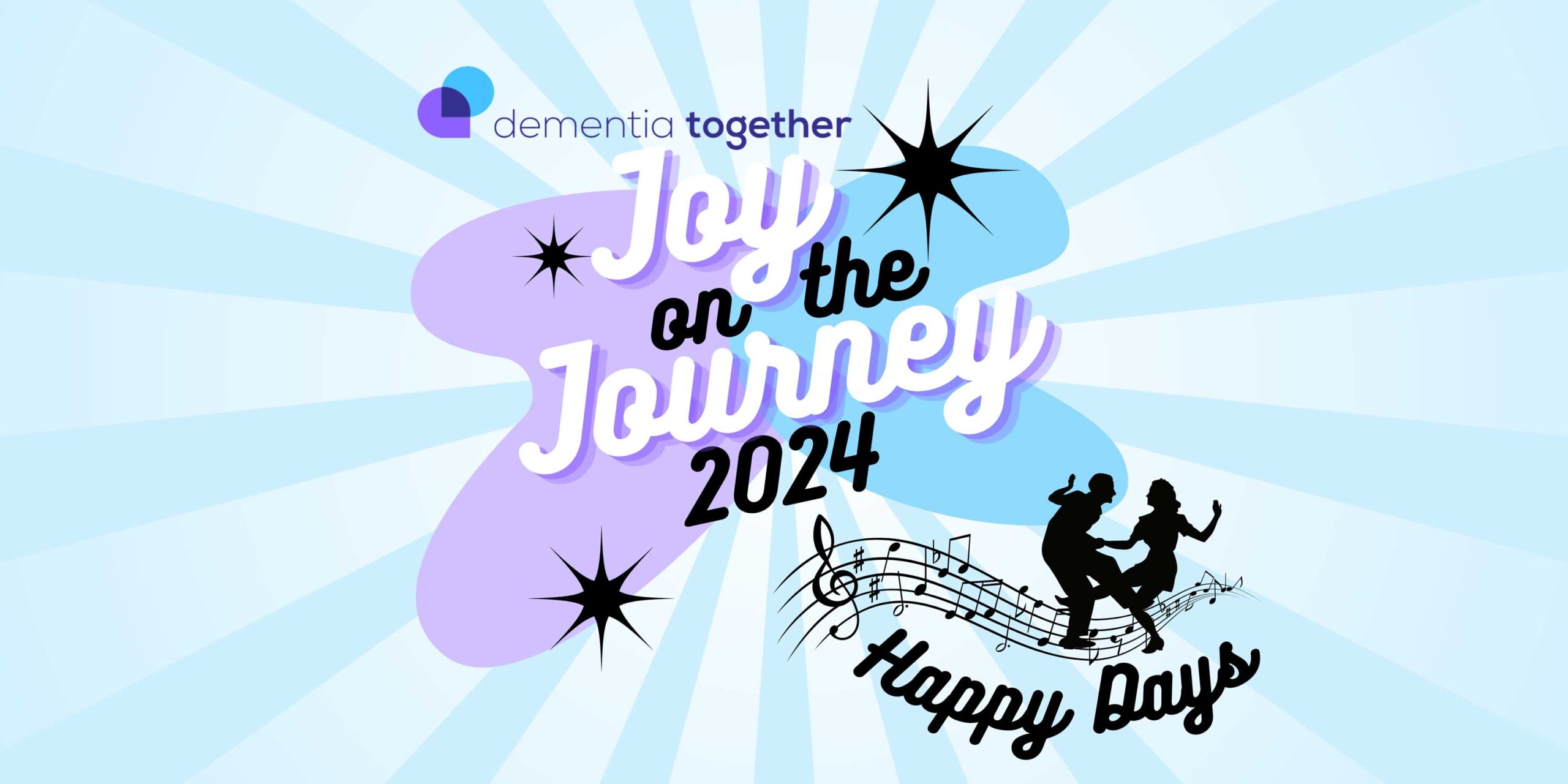 Joy on the Journey 2024 Logo with purple and blue background. Silhouetted image of people dancing with music notes and text that says "Happy Days"